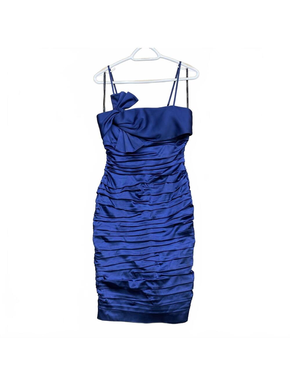 Calvin Klein Blue Satin Ruched Cocktail Dress Size 8 Bow Detail Spaghetti Straps